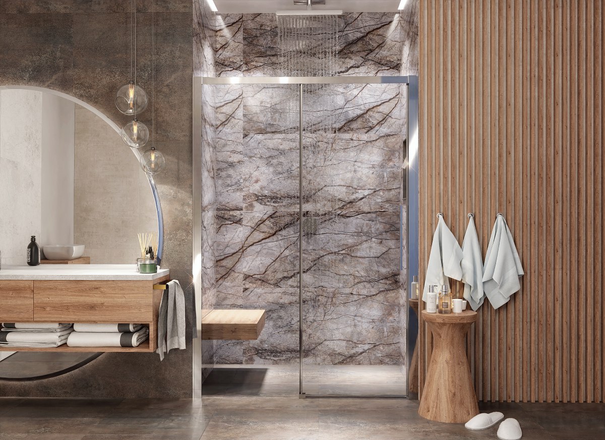 Nowoczesna łazienka z drzwiami prysznicowymi IÖ Larso